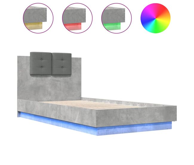 Estructura de cama individual para adultos - cabecero luces led gris hormigón 75x190 cm