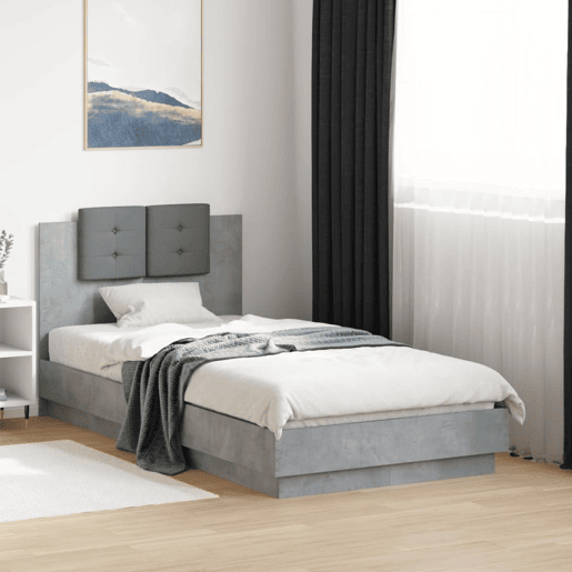 Estrutura de cama de solteiro moderno c cabeceiraluzes LED 75x190cm cinza cimento