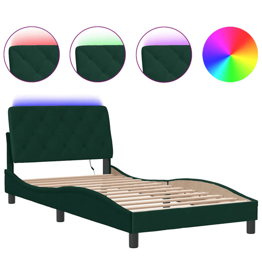 Estrutura de cama de solteiro simple com LED 100x200 cm veludo verde-escuro