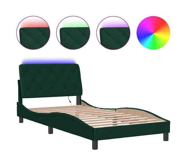 Estructura de cama individual para adultos con led terciopelo verde oscuro 100x200 cm