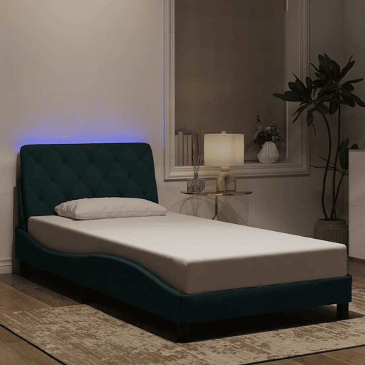 Estrutura de cama de solteiro simple com LED 100x200 cm veludo verde-escuro