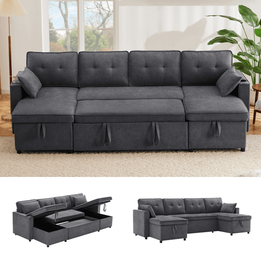 Sofá-cama 4 lugares conversível panorâmico de algodão e linho com armazenamento,cinza