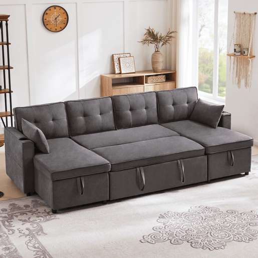 Sofá-cama 4 lugares conversível panorâmico de algodão e linho com armazenamento,cinza
