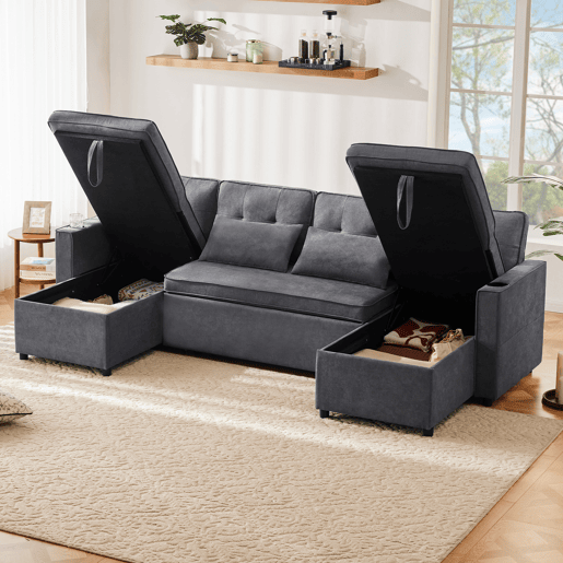 Sofá-cama 4 lugares conversível panorâmico de algodão e linho com armazenamento,cinza