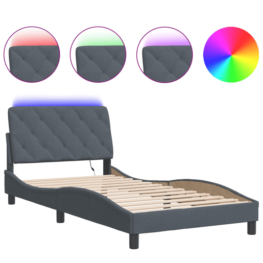Estrutura de cama de solteiro simple com LED 100x200cm veludo cinzento-escuro