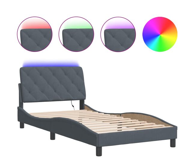 Estructura de cama individual para adultos con led terciopelo gris oscuro 100x200 cm