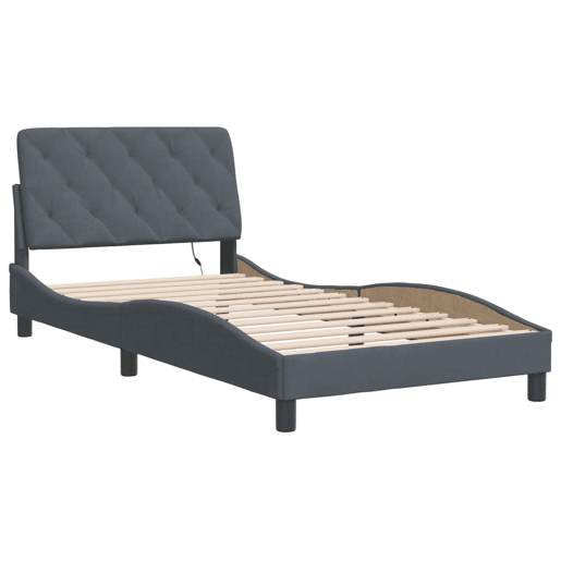 Estrutura de cama de solteiro simple com LED 100x200cm veludo cinzento-escuro