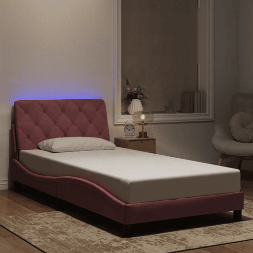 Estrutura de cama de solteiro para adultos com LED 100x200 cm veludo rosa