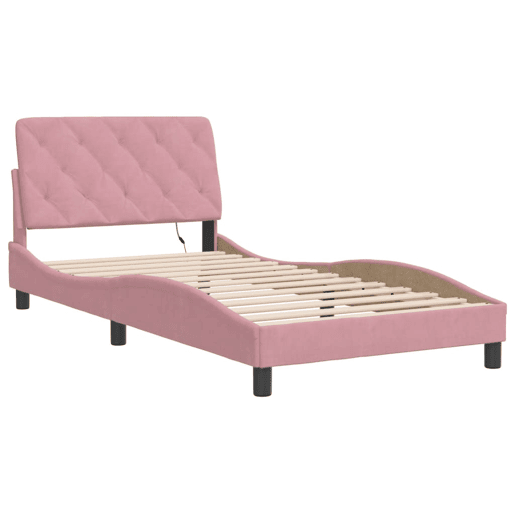 Estrutura de cama de solteiro para adultos com LED 100x200 cm veludo rosa