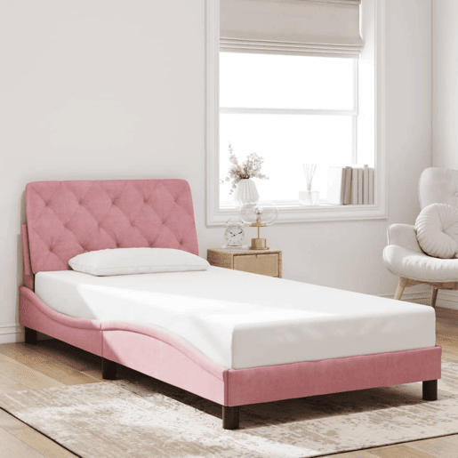 Estrutura de cama de solteiro para adultos com LED 100x200 cm veludo rosa