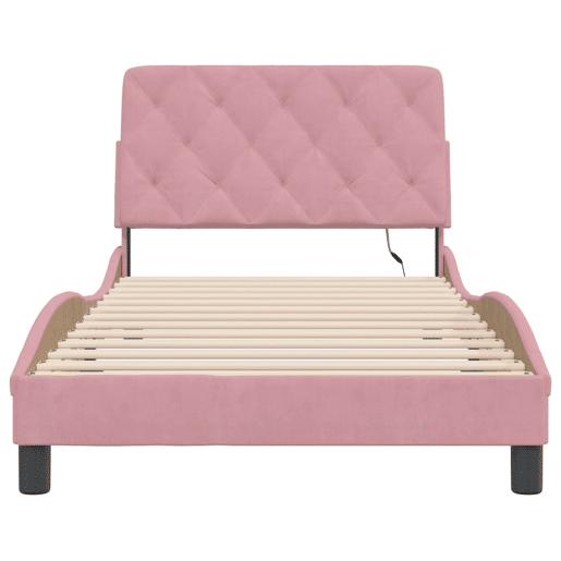 Estrutura de cama de solteiro para adultos com LED 100x200 cm veludo rosa