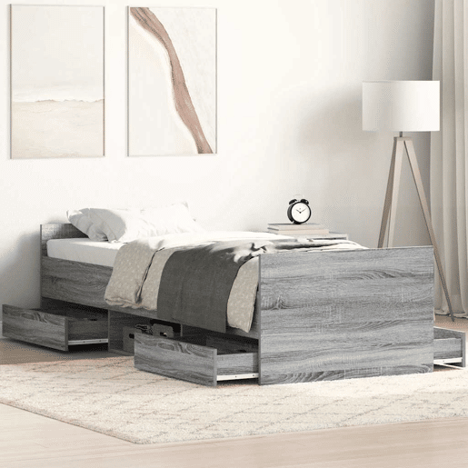 Estrutura de cama de solteiro para adultos c painéis de cabeceira e pés cinzento sonoma