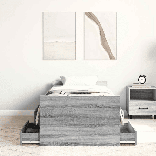Estrutura de cama de solteiro para adultos c painéis de cabeceira e pés cinzento sonoma