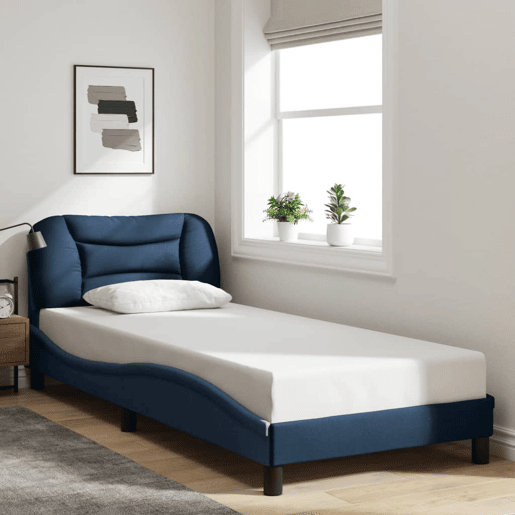 Estrutura de cama de solteiro para adultos com LED 90x200 cm tecido azul