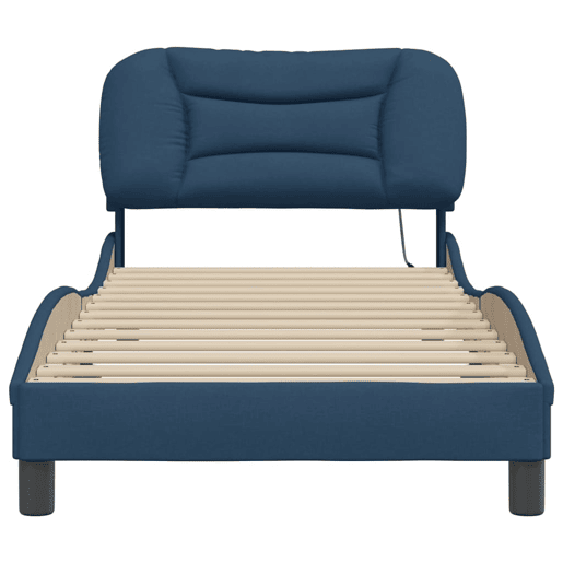 Estrutura de cama de solteiro para adultos com LED 90x200 cm tecido azul