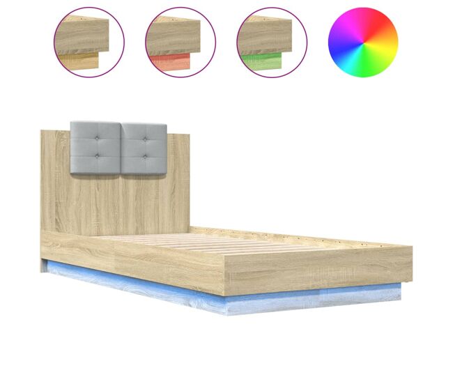 Estructura de cama individual para adultos - cabecero luces led roble sonoma 75x190 cm