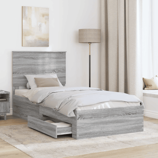 Estrutura de cama de solteiro para adultos com gaveta Cinza Sonoma e Prata 75 x 190 cm