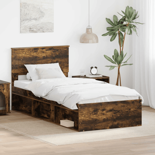 Estrutura de cama de solteiro para adultos com Cabeceira - Carvalho Defumado 100 x 200 cm