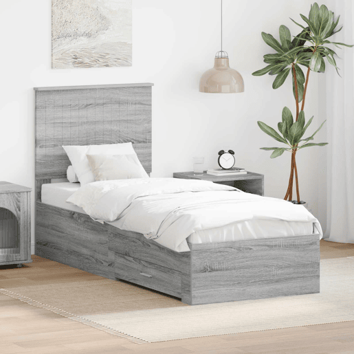 Estrutura de cama de solteiro para adultos com gaveta Cinza Sonoma e Prata 70 x 190 cm Estrutura de cama de solteiro para adultos com gaveta Cinza Sonoma e Prata 70 x 190 cm