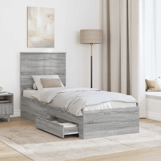 Estrutura de cama de solteiro para adultos com gaveta Cinza Sonoma e Prata 70 x 190 cm Estrutura de cama de solteiro para adultos com gaveta Cinza Sonoma e Prata 70 x 190 cm