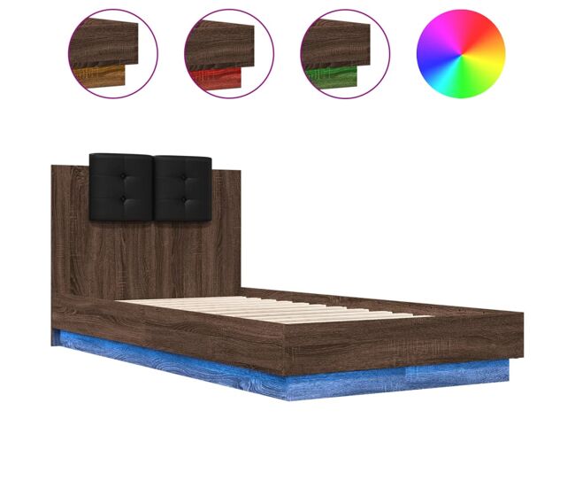 Estructura de cama individual para adultos - cabecero luces led marrón roble 75x190 cm