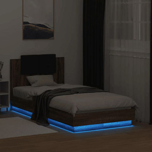 Estrutura de cama de solteiro moderno cabeceiraluzes LED 75x190 cm carvalho castanho