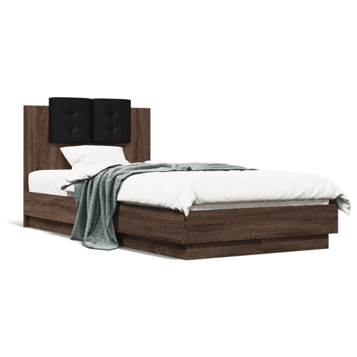 Estrutura de cama de solteiro moderno cabeceiraluzes LED 75x190 cm carvalho castanho