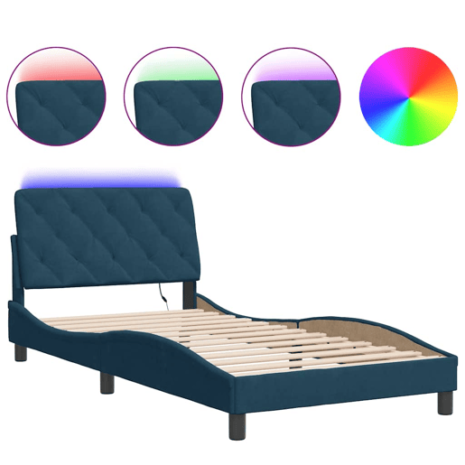 Estrutura de cama de solteiro para adultos com LED 100x200 cm veludo azul