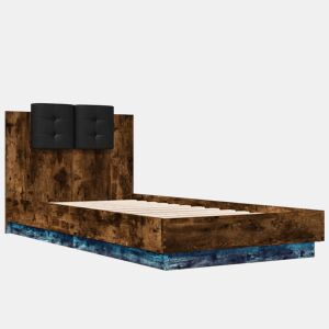 Estrutura de cama de solteiro moderno c cabeceiraluzes LED 75x190 cm carvalho fumado