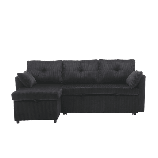 Sofá-cama multifuncional de 3 lugares - com arrumação, chaise longue intercambiável, preto