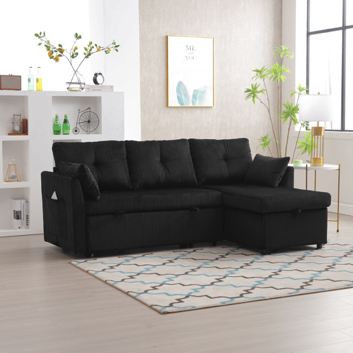 Sofá-cama multifuncional de 3 lugares - com arrumação, chaise longue intercambiável, preto