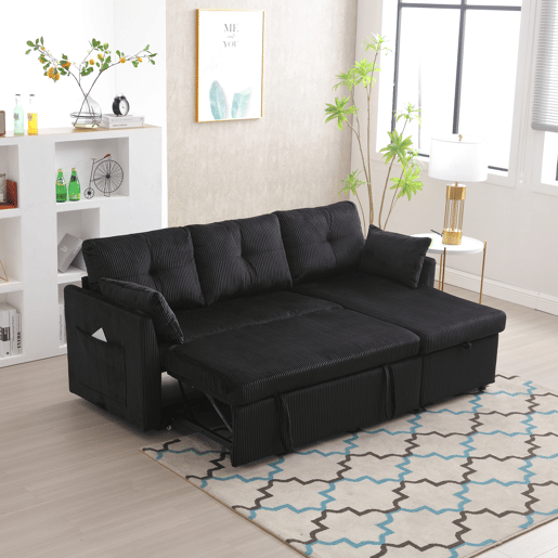Sofá-cama multifuncional de 3 lugares - com arrumação, chaise longue intercambiável, preto