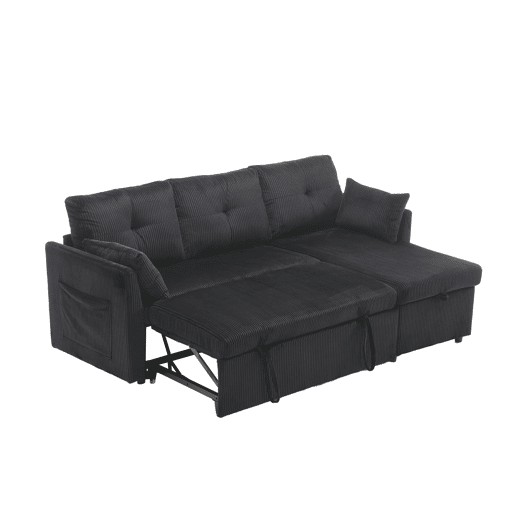 Sofá-cama multifuncional de 3 lugares - com arrumação, chaise longue intercambiável, preto