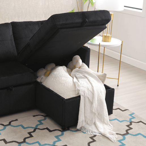 Sofá-cama multifuncional de 3 lugares - com arrumação, chaise longue intercambiável, preto