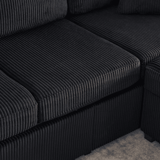 Sofá de veludo de 4 lugares - LED, porta USB-C, apoio para os pés com arrumação - Preto