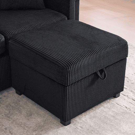 Sofá de veludo de 4 lugares - LED, porta USB-C, apoio para os pés com arrumação - Preto
