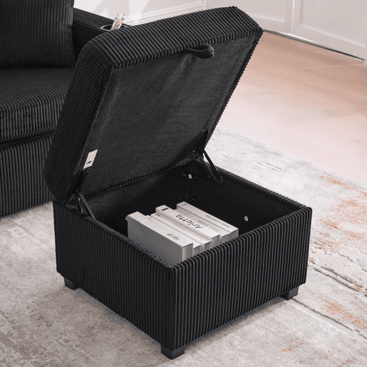 Sofá de veludo de 4 lugares - LED, porta USB-C, apoio para os pés com arrumação - Preto