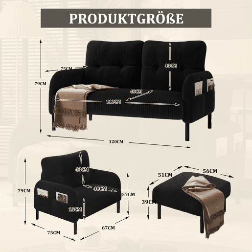 Conjunto de 3 peças Cord - Poltrona + Banqueta + Sofá de 2 lugares - Estrutura em aço, encosto macio, modular, preto