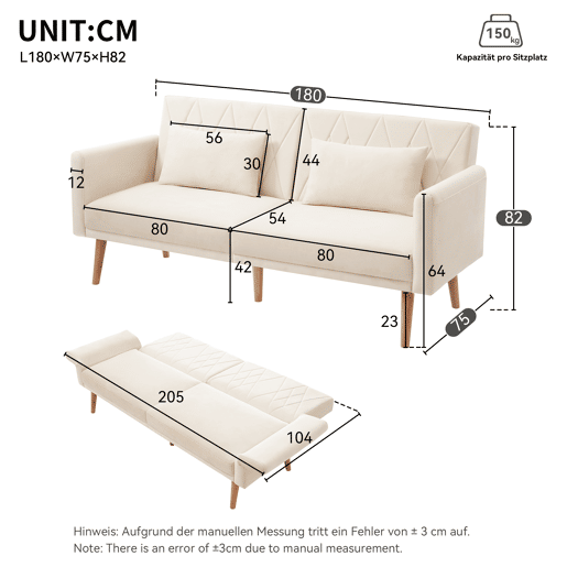 Sofá pequeno de 2 lugares - Sofá-cama com função de cama, em veludo, ideal para sala de estar, quarto, cinema em casa, quarto de hóspedes - Bege