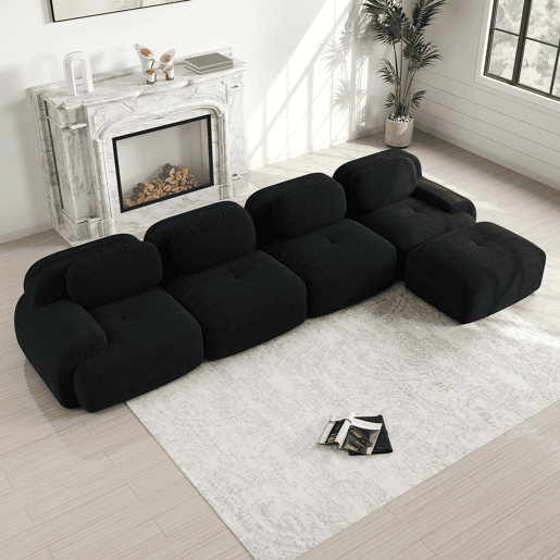 Sofá de canto para 4 pessoas - Espuma de alta elasticidade 32D, antiderrapante, com chaise longue, braços extra largos, combinável sem montagem - Preto