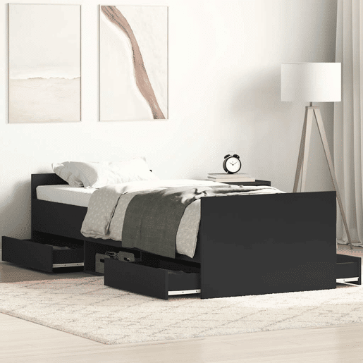Estrutura de cama de solteiro para adultos c painéis cabeceira e pés 90x200 cm preto