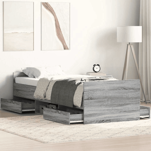 Estrutura de cama de solteiro para adultos c painéis de cabeceira e pés cinzento sonoma