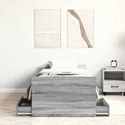 Estrutura de cama de solteiro para adultos c painéis de cabeceira e pés cinzento sonoma