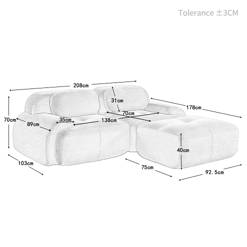 Sofá de canto 82'' - Modular, com braços curvos, sem montagem, espuma viscoelástica, para sala de estar, áreas de descanso e quarto - Bege