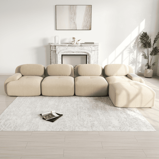 Sofá de canto para 4 pessoas - 32D almofadado de alta elasticidade, antiderrapante, com chaise longue, braços extra largos, combinável, sem montagem - Bege