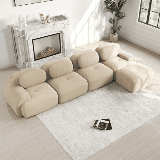 Sofá de canto para 4 pessoas - 32D almofadado de alta elasticidade, antiderrapante, com chaise longue, braços extra largos, combinável, sem montagem - Bege