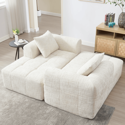 Sofá modular de 3 lugares - L-Sofa com chaise longue, almofadas e bolso lateral - Bege