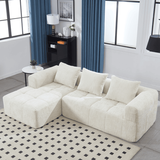 Sofá modular de 3 lugares - L-Sofa com chaise longue, almofadas e bolso lateral - Bege