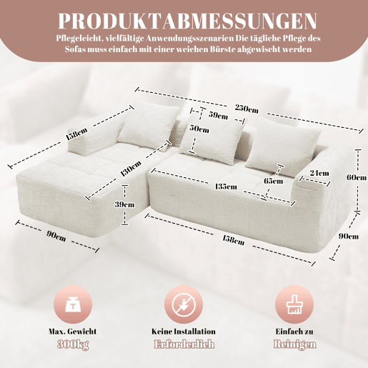 Sofá modular de 3 lugares - L-Sofa com chaise longue, almofadas e bolso lateral - Bege