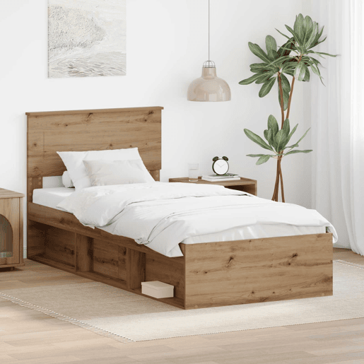 Estrutura de cama de solteiro para adultos com Cabeceira - Carvalho Artesanal 100 x 200 cm